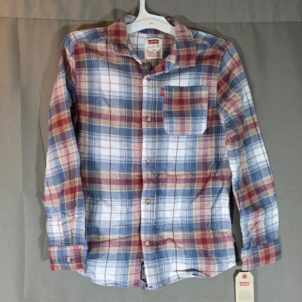Levis Boys XL Red Pear Plaid Long Sleeve Button Down Flannel Shirt 9MN986-RAR
